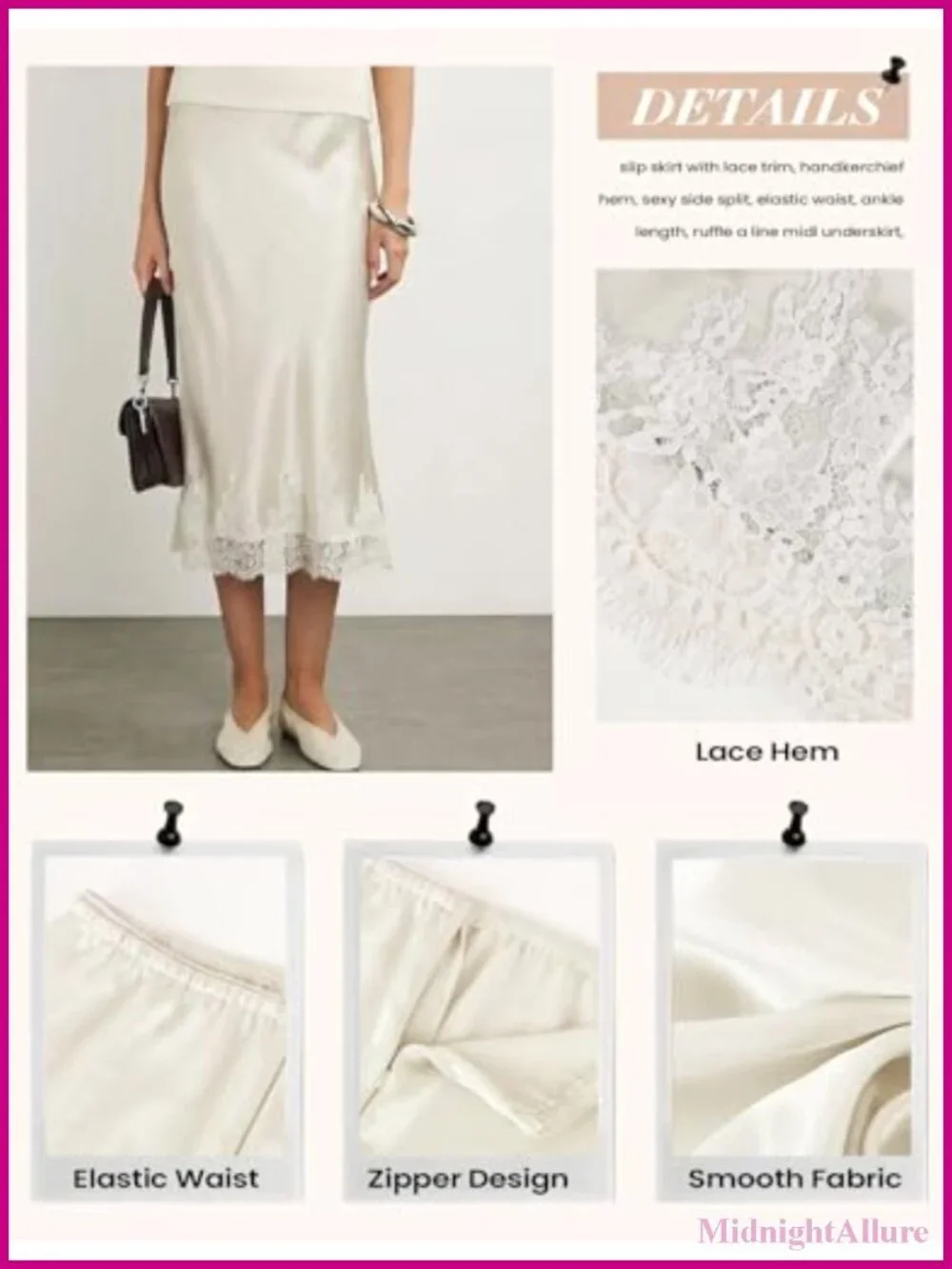 Satin Midi Skirt with Lace Trim Flowy A-Line Cocktail Party